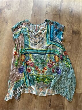 Johnny Was Teal Floral Patchwork Tunic